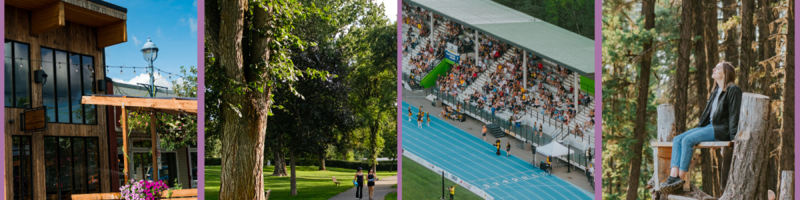Four images: outdoor patio downtown, park with two people walking on a path, sport field with outdoor track, women in nature sitting on a tree.